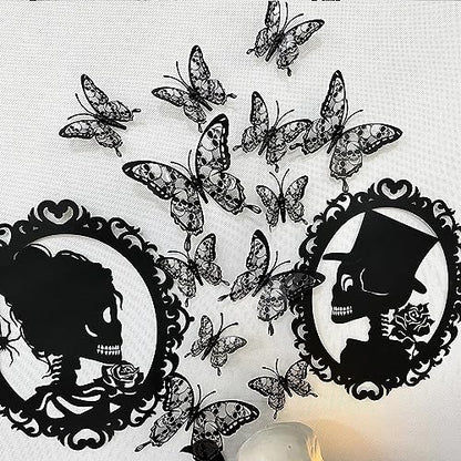 12PCS Butterfly Wall Stickers, 3D Double-Layer Skull Butterflies Wall Decals Halloween Wall Decor Gothic Black Butterfly Design Halloween Wall Stickers for Home Room Bedroom Festival Party Decoration