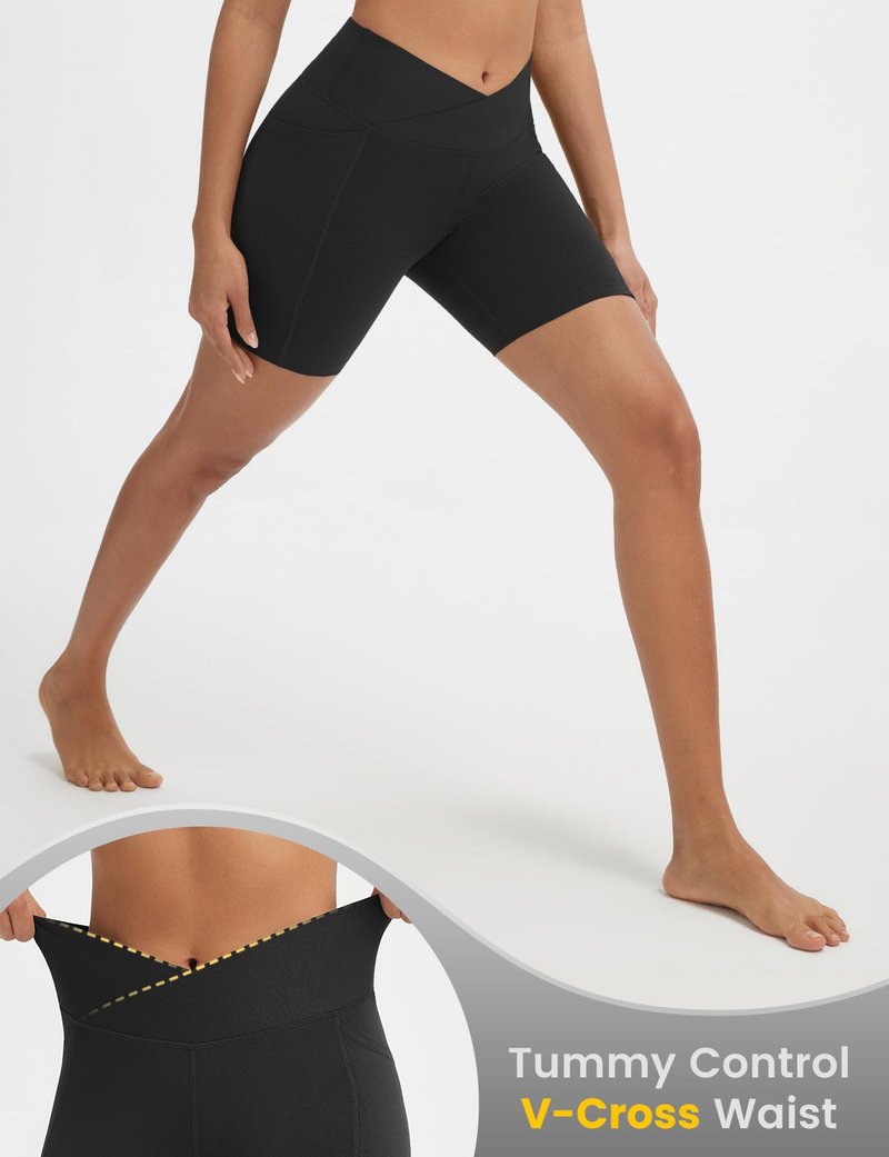 baleaf Crossover Biker Shorts Women 6" High Waisted Yoga Shorts with Pockets Bike Workout Spandex Compression Black L