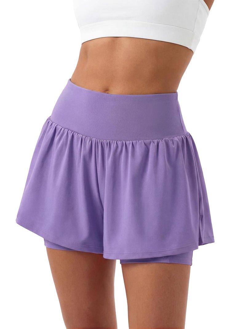 Stelle Women 2 in 1 Running Shorts Flowy Athletic Short High Waisted Workout Tennis Gym Short with Liner Pockets (Lavender, M)