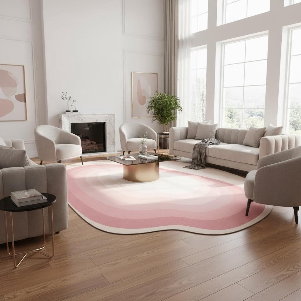 Odd Shaped Rugs 2x3 Ombre Pink Beige Irregular Shape Area Rug for Living Room Bedroom Nursery Non Shedding Washable Carpet Minimalist Boho Home Office Guestroom Lightweight Non Slip Throw Mats