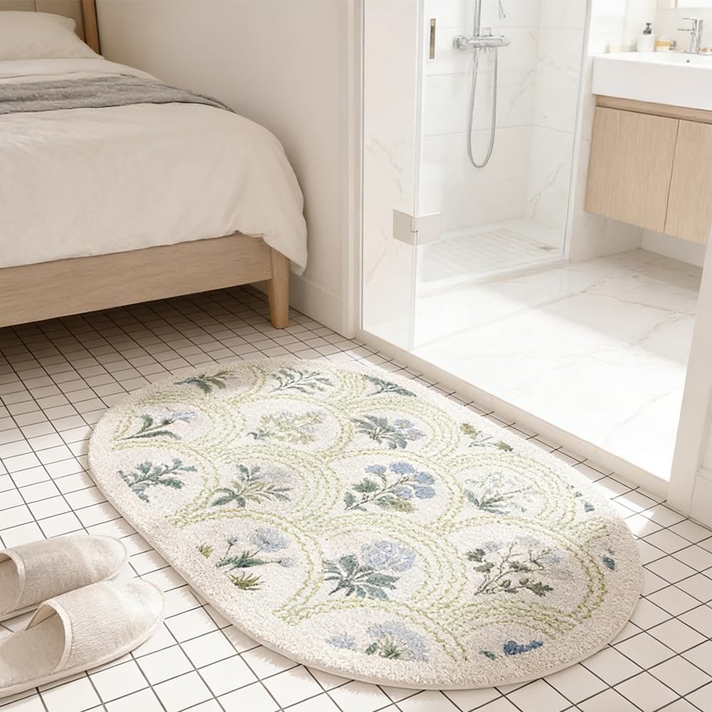 gdmgdr Spring Floral Bathroom Rug 32" x 20" Wild Flowers Bathroom Mat Boho Floral Bath Rug (Oval, Green)