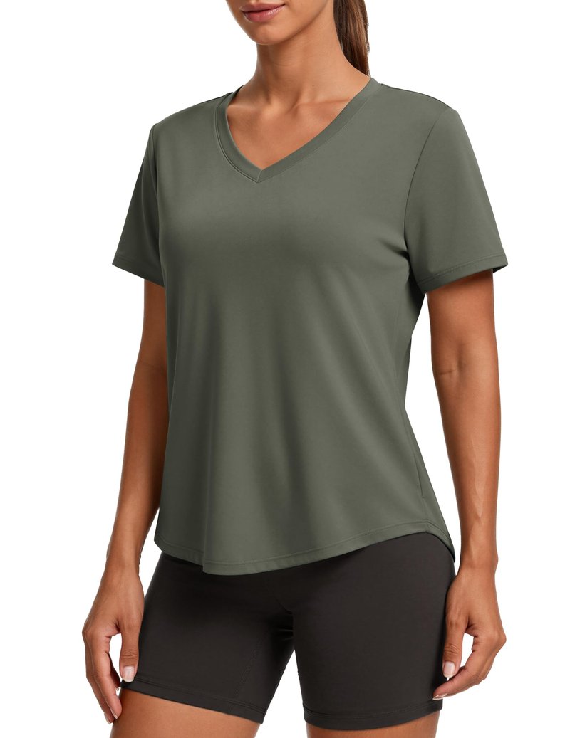 PINSPARK Breathable T-Shirts for Women Short Sleeve V Neck Moisture Wicking Workout Tops Quick Dry Lightweight Athletic Gym Shirts,Olive Green X-Large