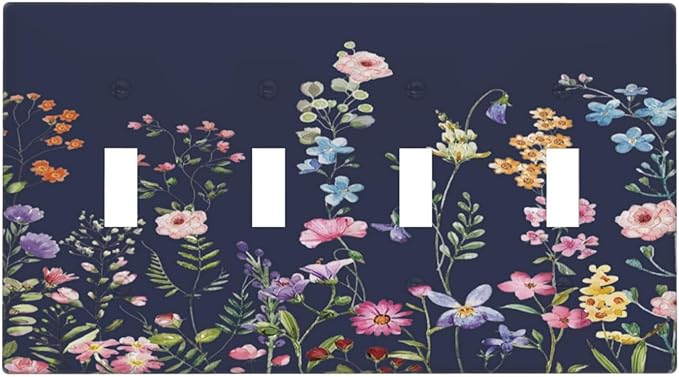Rustic Wild Floral Darkground Vintage Watercolor Flower Quad Toggle Light Switch Covers Decorative Unique 4 Gang Wall Plate Electrical Faceplate Switchplate for Bedroom Decor