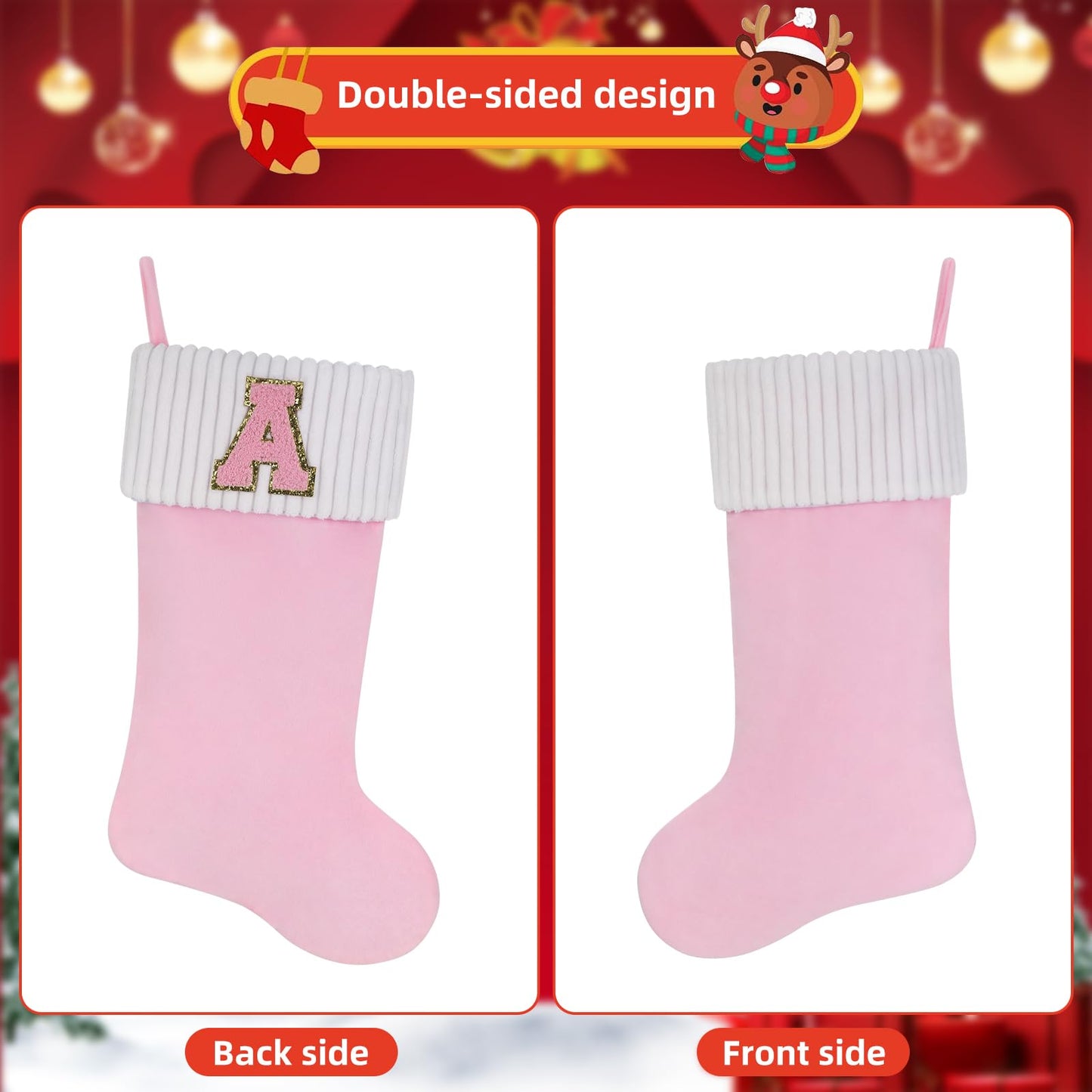 Shgngle 20 Inches Letter Embroidered Christmas Stocking,Personalized Pink Velvet Christmas Stocking,Family Holiday Decorations and Xmas Gift(O)