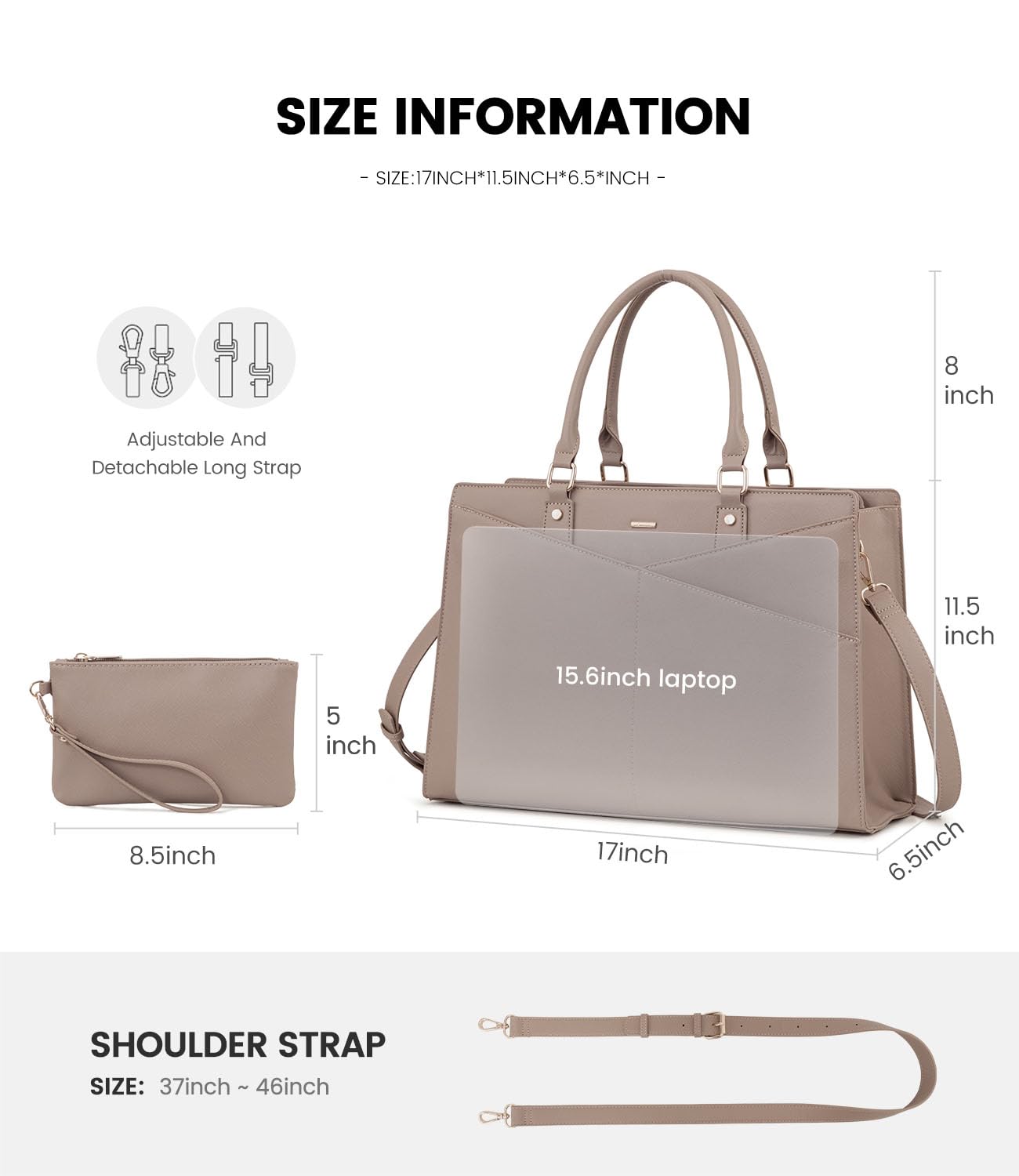 LOVEVOOK Laptop Tote Bag for Women, Leather Business Office Work Bag Computer Briefcase with Small Clutch fit for 15.6 Inch Laptop,Light Khaki