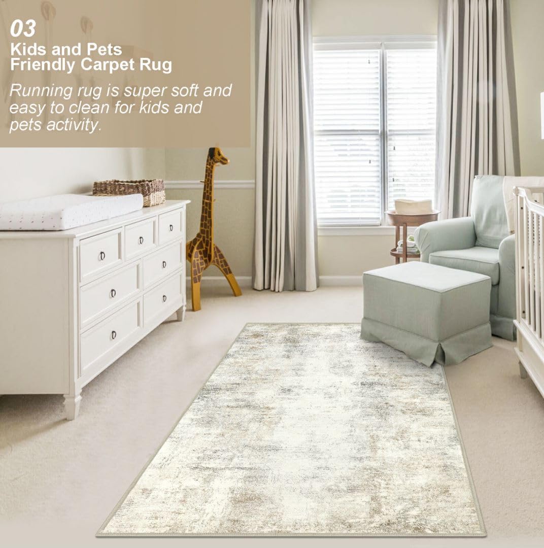 Capslpad Machine Washable Rug, Modern Abstract 3x5 Light Beige Rug, Low Pile Soft Non-Shedding Area Rug for Entryway, Bedside, Living Room, Hardwood Floor