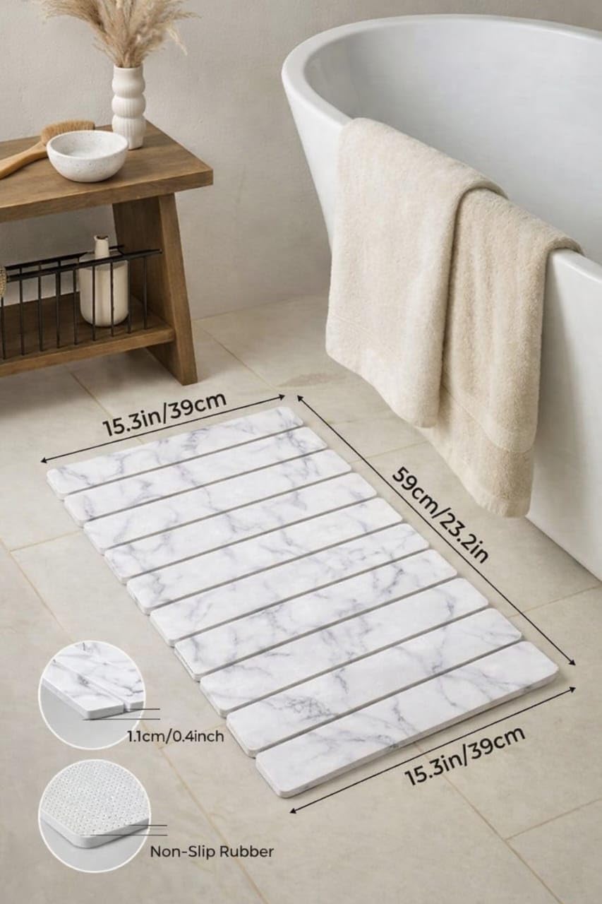 ELIHAM ESSENTIALS Premium Foldable Stone Bath Mat - Ultra Absorbent Quick Drying Compact Easy to Store & Clean Non-Slip Diatomaceous Earth Bath Shower Mat (Marble White)