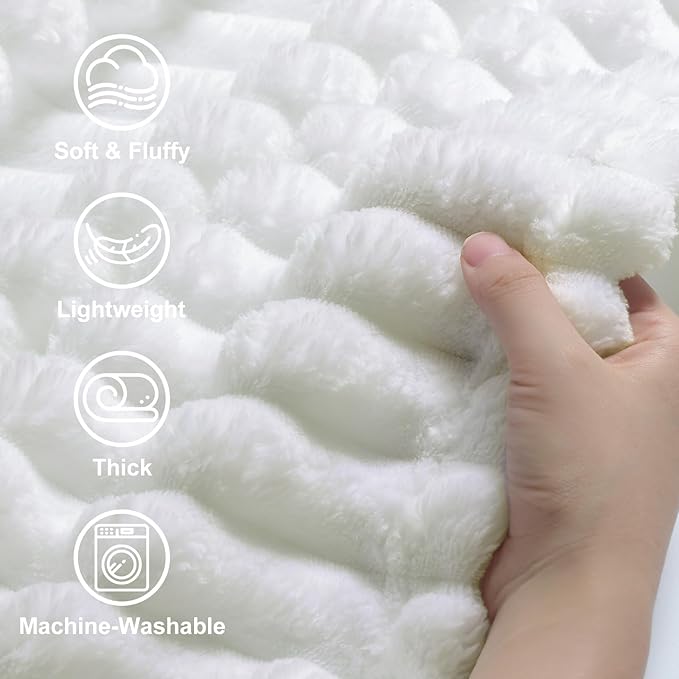decorUhome Soft Fleece White Blanket Queen Size for Bed, Cozy Fluffy Plush Flannel Large Striped Throws for Couch Sofa, Lightweight Decorative Fuzzy Blanket for Woman, 90x90 Inches