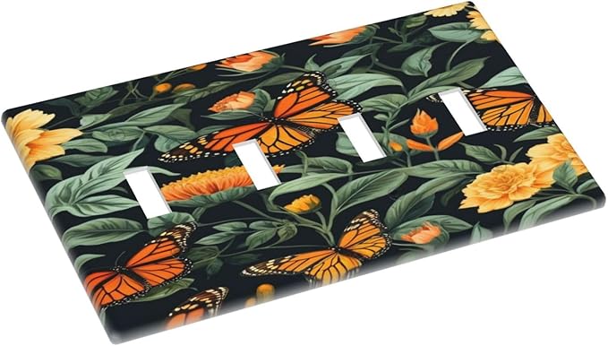 Butterflies Flower Garden Light Switch Covers Quad Toggle 4 Gang Wall Plate Decorative Switchplate Electrical Faceplate for Farmhouse Bathroom Living Decor