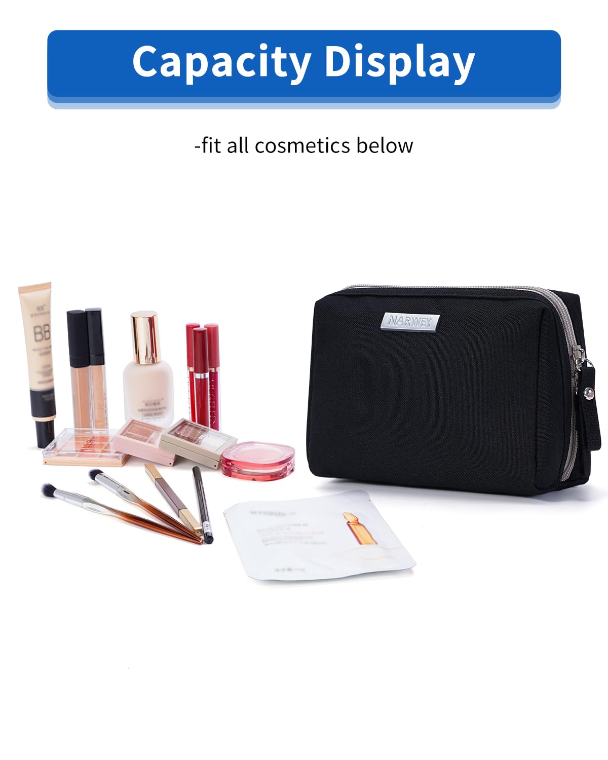 Narwey Small Makeup Bag for Purse Mini Cosmetic Bag Travel Makeup Pouch Zipper Pouch Cute Make up Bags with Compartments for Women (Small, Black)