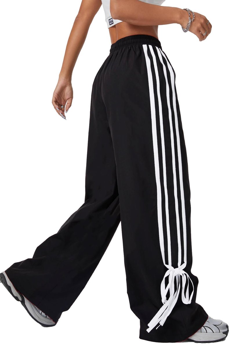 BEAUDRM Women's Y2K Baggy Bow Wide Leg Pants Striped Track Elastic Waist Long Sweatpants Parachute Pants Black and White Large