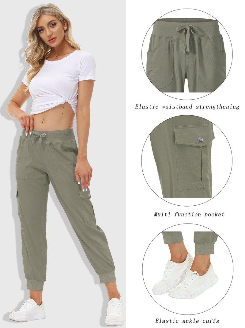MoFiz Women's Hiking Pants Cargo Joggers Sweatpants with Pockets Lightweight Quick Dry Outdoor Summer Casual Athletic Elastic Waist Grey Khaki M