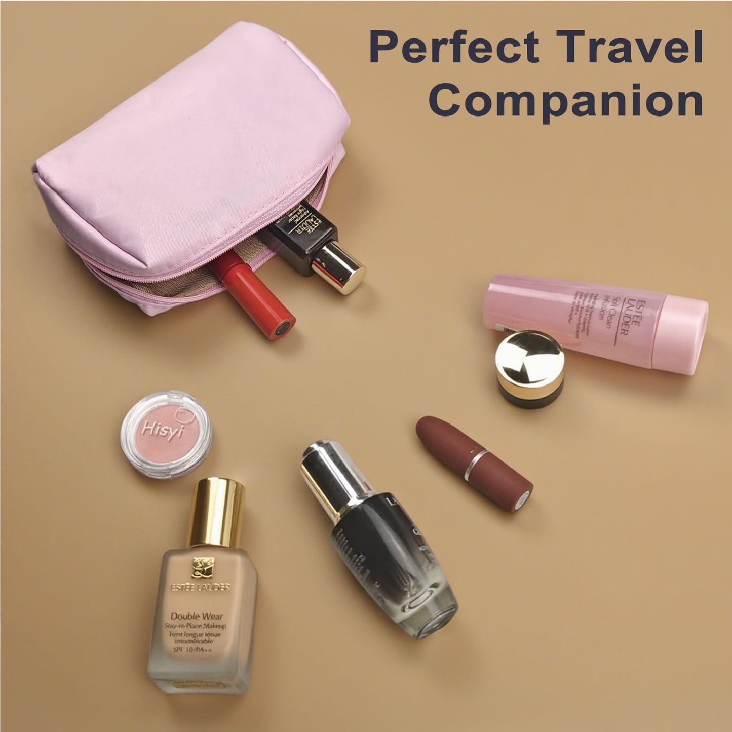 VOFOON Travel Makeup Bag, Small Cosmetic Bag for Women, Wide-open Make up Organizer Purse Toiletry Bag for Cosmetics Toiletries Accessories (Pink, S)