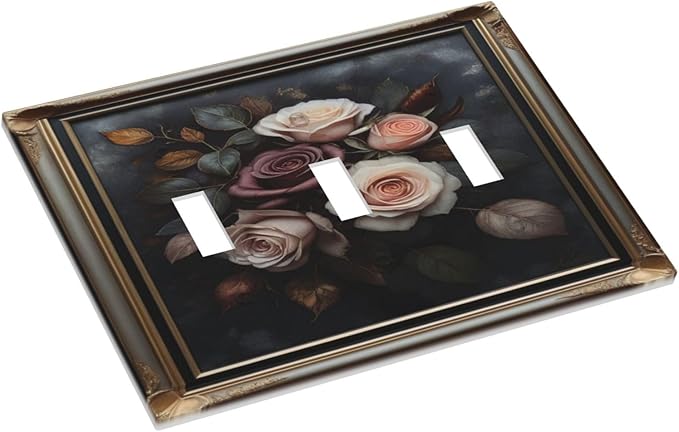 Decorative Art Light Switch Covers Elegant Rose Bouquet Art 3 Gang Triple Toggle Wall Plate Decorative Switch plate Electrical Faceplate for Home Decor