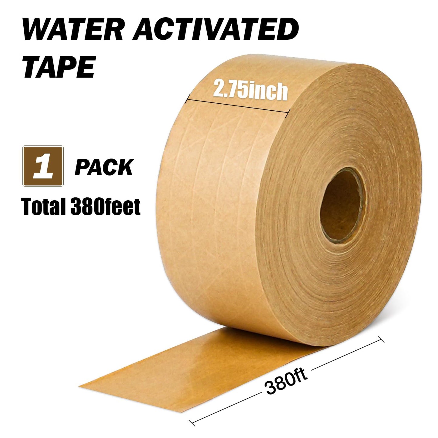 CHUANGWAY Water-Activated Kraft Paper Reinforced Tape, 1-Pack, 2.75 inches x 380 feet, for Heavy-Duty Secure Packaging and Shipping, Environmentally Friendly and Biodegradable