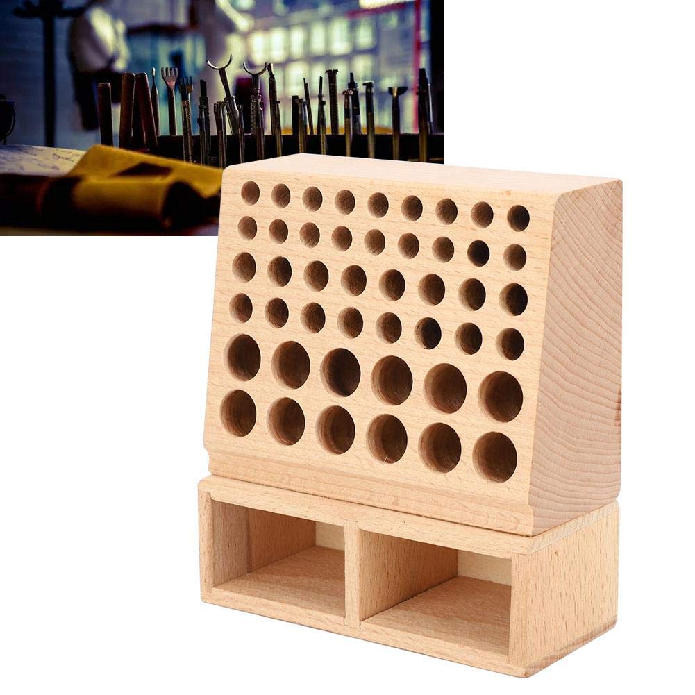 Eatbuy Leather Tool Holder, 48 Holes Wooden Leather Craft Tool Stand with 2 Slots, Solid Beech Rack Stand Organizer, Storage Case for Leathercraft Punch & Styling Tools