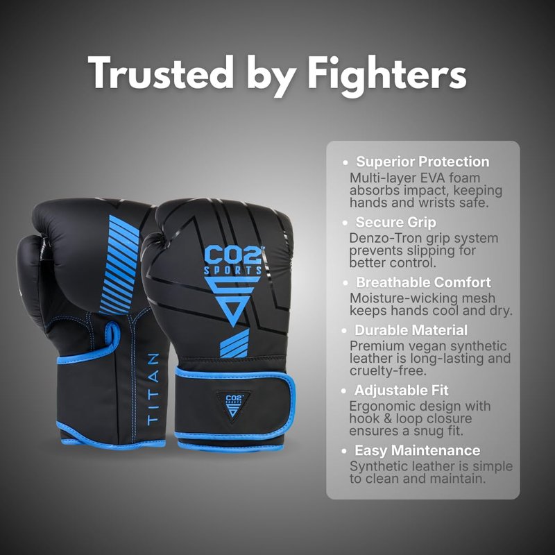 CO2 Sports Titan Boxing Gloves, Pro Training Sparring, Maya Hide Leather, Muay Thai MMA Kickboxing, Men Women Adult, Focus Mitts, Ventilated Palm, Multi Layered, 8 10 12 14 16 18 Oz (Blue, 16 OZ)