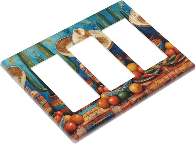 Decorative Art Light Switch Covers Mexican Sombrero & Serape Vibes 3 Gang Triple Rocker Outlet Switch plate GFCI Faceplate GFCI for Home Decor