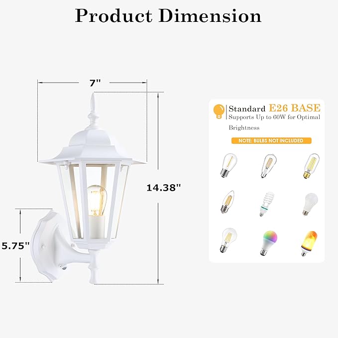 GRUENLICH Dusk to Dawn Outdoor Wall Sconce, Exterior Front Porch Lighting with Clear Glass, White Aluminum Outside Coach Light for Patio Doorway Garage, 1 Pack