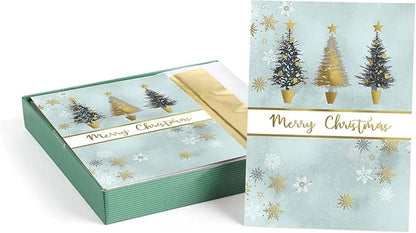 Masterpiece Christmas Tree Trio Gold Foil Holiday Cards / 16 Boxed Winter Holiday Cards With Gold Foil Lined Envelopes / 5 5/8" x 7 7/8" Folded Seasonal Greeting Cards With Inside Verse
