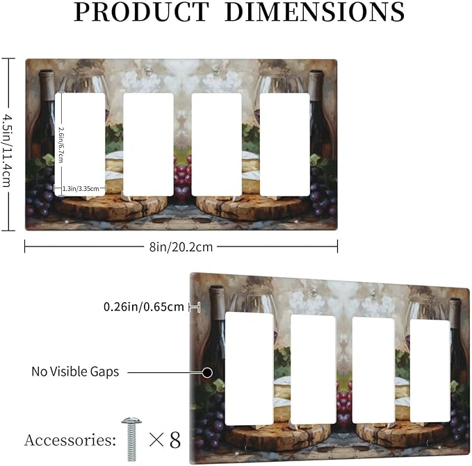 Decorative Art Light Switch Covers Wineglass & Artisanal Cheeses 4 Gang Rocker Decora Outlet Covers Electrical Faceplate GFCI Wall Plate for Home Decor