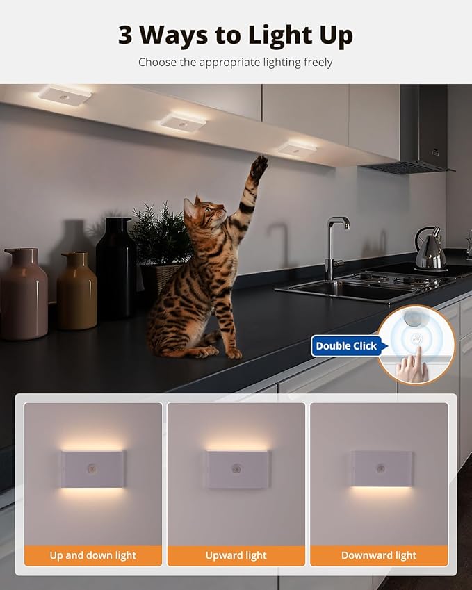 wowatt Rechargeable Motion Sensor Night Light, White Automatic Lights with Magnetic Mount, Dimmable Stair Lights Indoor for Stairway, Hallway, Kitchen, Bathroom(3 Packs)