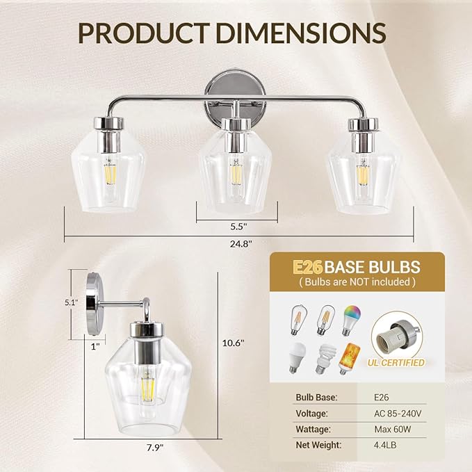 ANDY STAR Chrome Vanity Light, 3-Light Diamond-Shape Bathroom Light Fixture, Industrial Chrome Sconce, 25 Inch Modern Bath Light with Clear Glass for Bedroom/Living Room/Hallway