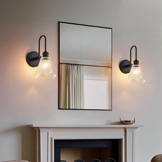 Wall Sconce Set of 2, Black Vintage Light Fixtures with Long Clear Glass Lampshade, Hardwired Sconces Wall Lighting for Bedroom, Bathroom, Living Room | Includes 2 LED Bulbs