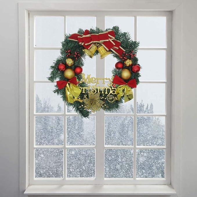 H&W Medium Christmas Wreath (15.8 Inch / 40 cm) for Front Door Wall Windows Artificial Poinsettia Xmas Decoration with Tinkle Bell Bowknot and Small Ornaments (MC7-D1)