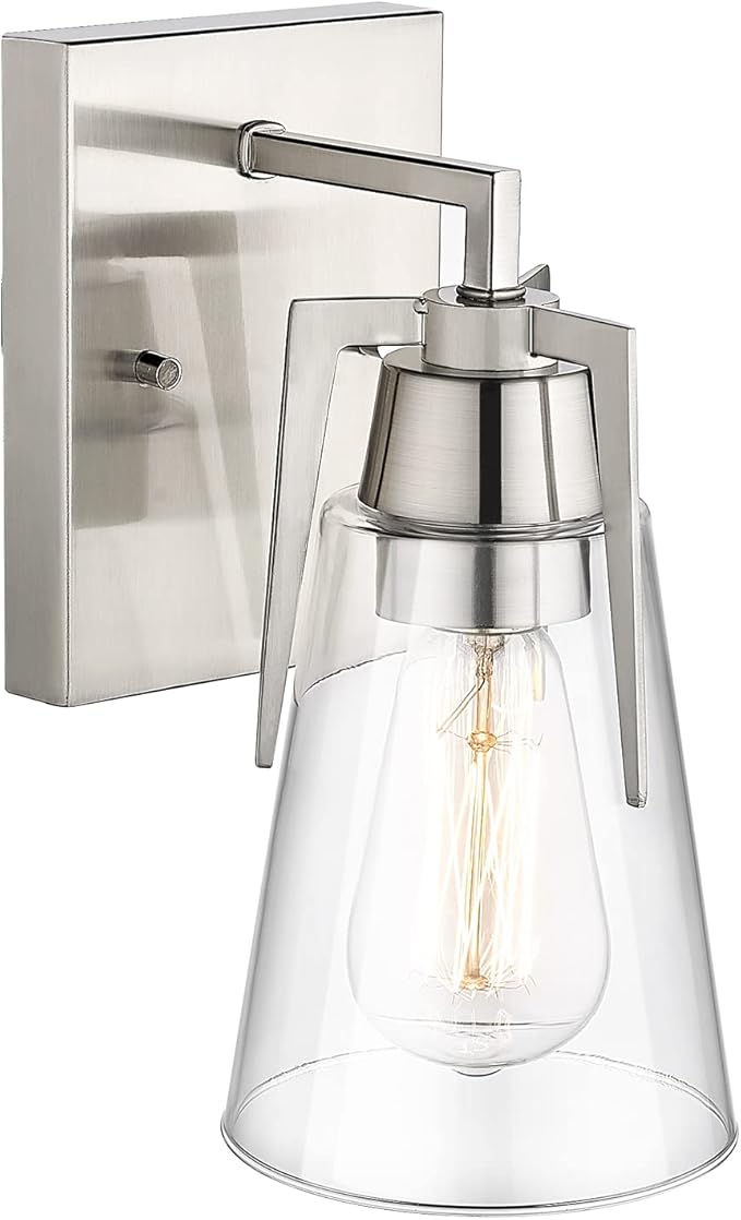 EAPUDUN Bathroom Light Fixtures, Modern Farmhouse 1-Light Bathroom Vanity Light Fixtures, Indoor Wall Lamp in Brushed Nickel Finish, Clear Glass Shade Wall Sconces, WLA1395-BNK