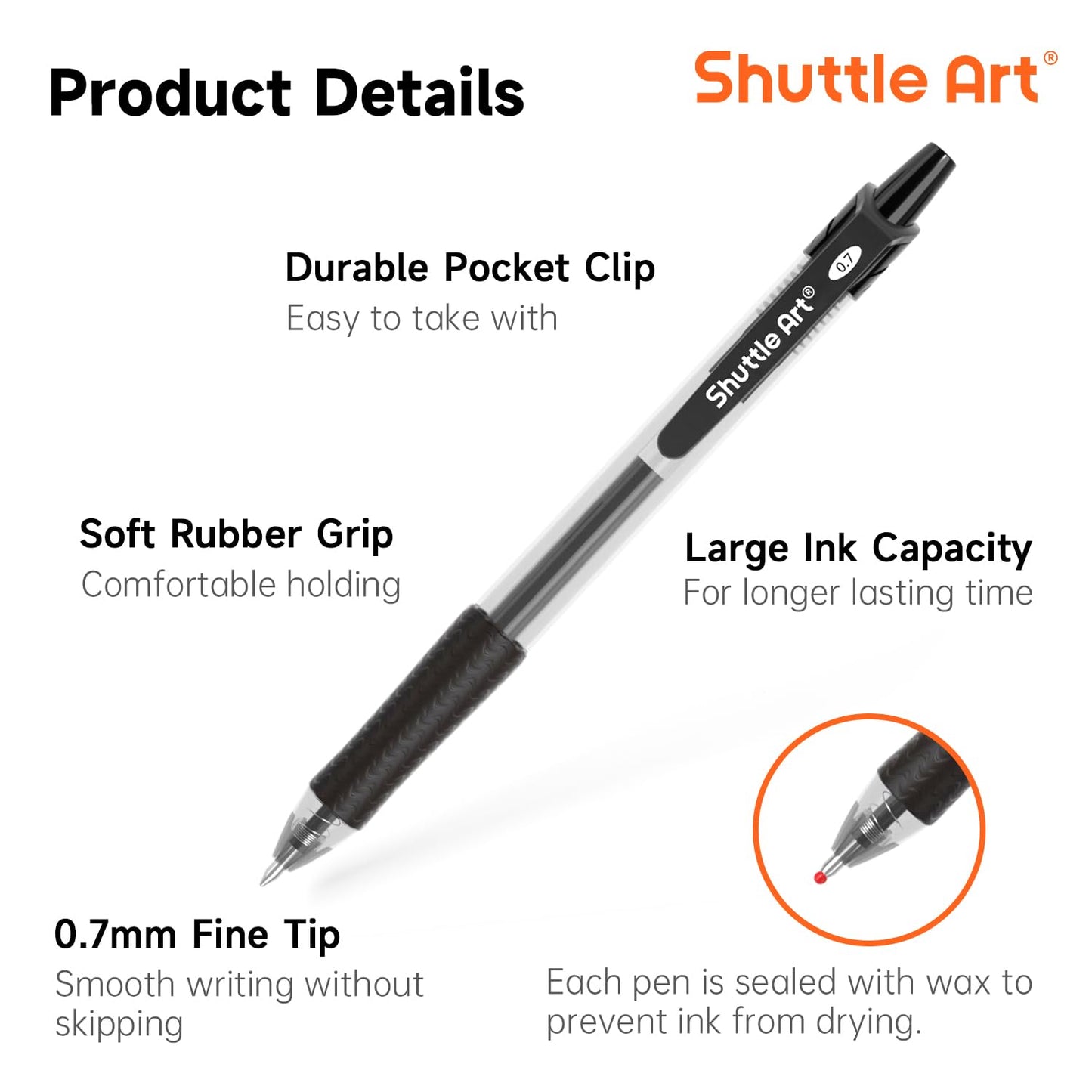 Shuttle Art Retractable Gel Pens, 20 Pack 0.7mm Medium Point Rollerball 10 Black 5 Red 5 Blue Ink Pens Smooth Writing with Comfortable Grip for Writing Journaling Taking Notes Office School Home