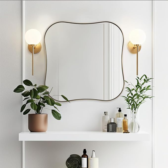 ANDY STAR 24"x24" Brushed Brass Square Mirror, Gold Scalloped Mirror with Unique Notched Edges Design in 1 Inch Stainless Steel Metal Frame for Home Bathroom Wall Mounted