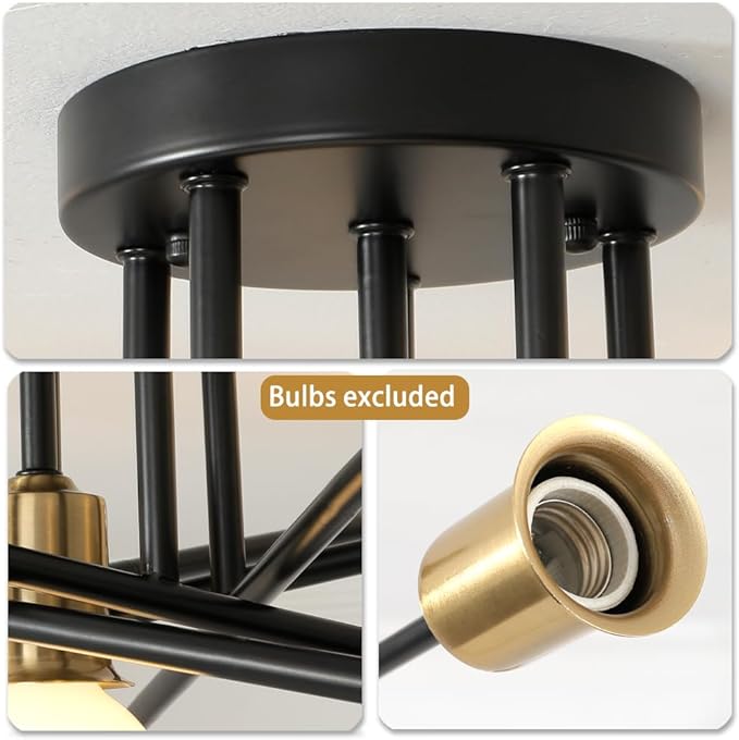 Mid Century Sputnik Gold and Black Semi Flush Mount Ceiling Light Fixture, Modern Large 11 Light Metal Chandelier for Dining Room Bedroom Kitchen Living Room Office Lighting