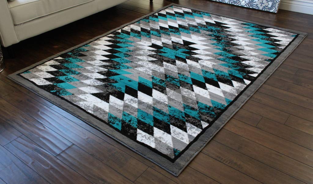 Masada Rugs, Stephanie Collection Area Rug Southwest Native American Distressed Design 1106 Turquoise Grey White Black (8 Feet X 10 Feet)