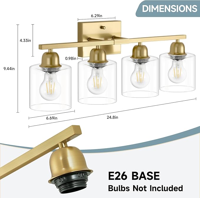 Modern Brushed Gold 4 Light Bathroom Light Fixtures, 24 inch Vanity Lights for Bathroom with Clear Glass for Mirror Kitchen Living Room Hallway Cabinet Porch