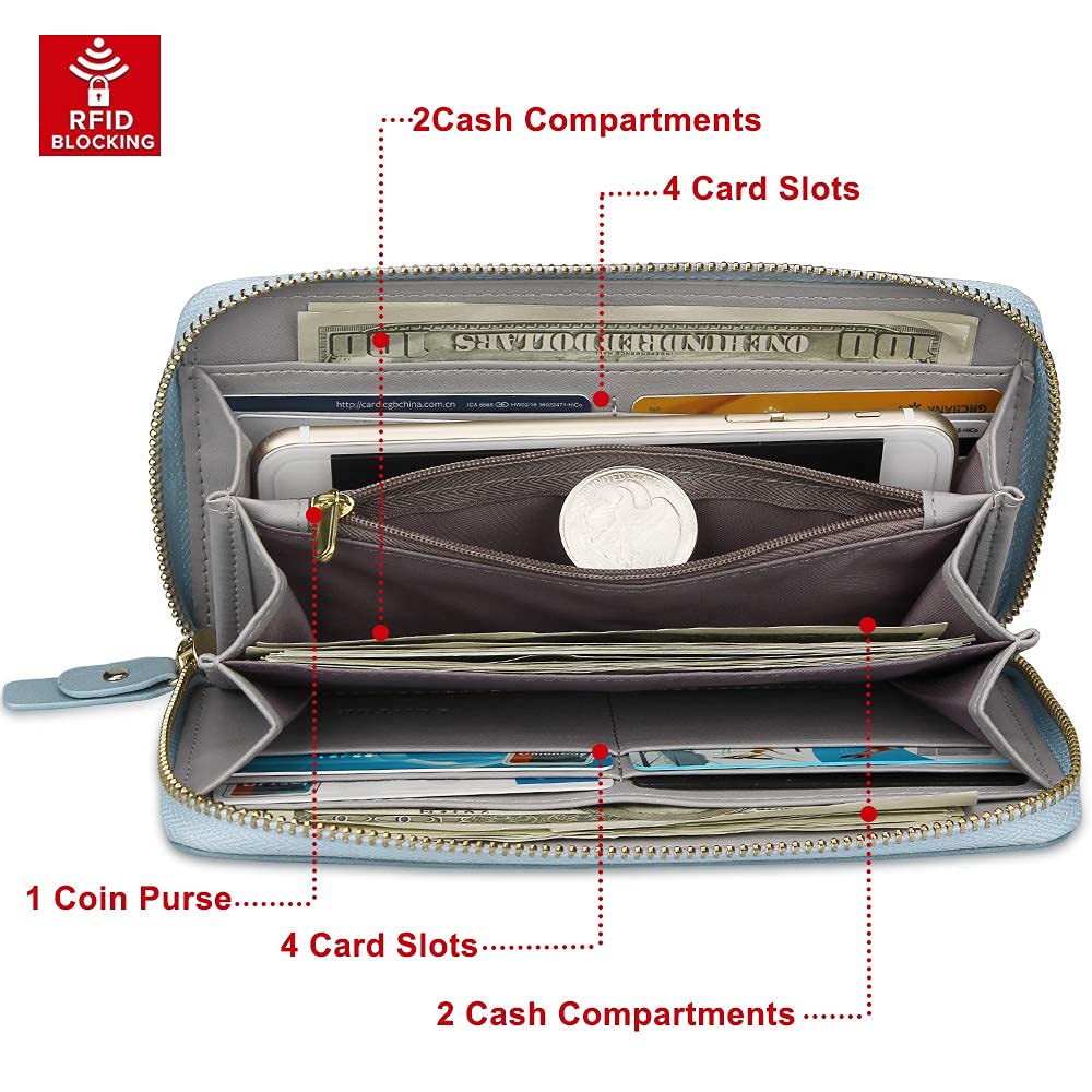 FT FUNTOR Wristlet Wallet for Women, Ladies Zip around Wallet PU Vegan Leather Clutch Long Purse Phone Card Holder Organizer Blue