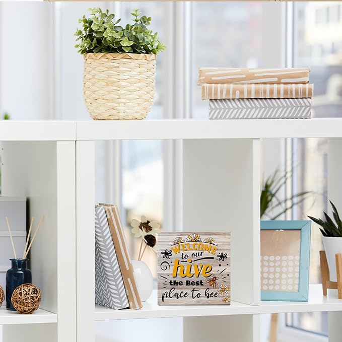 Inspirational Bee Decorations Wooden Box Sign, Bee Decor Welcome Sign, Spring Summer Rustic Farmhouse Home Living Room Bedroom Desk Table Shelf Cubicle Decor Decorations, Wood Block Plaque