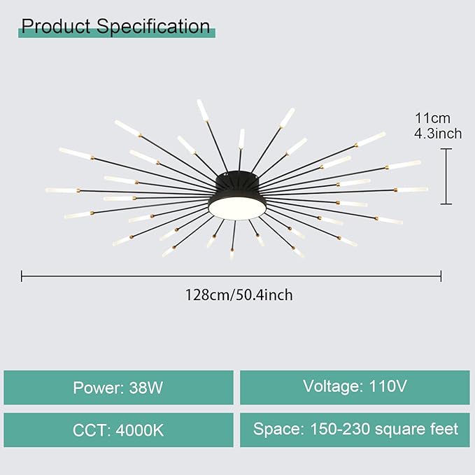 ziidoo Modern Ceiling Light,30+1 Lights Metal Firework Designed Chic Led Lighting Fixture for Farmhouse Kitchen Dining Room Bedroom Hallway Living Room (Black)