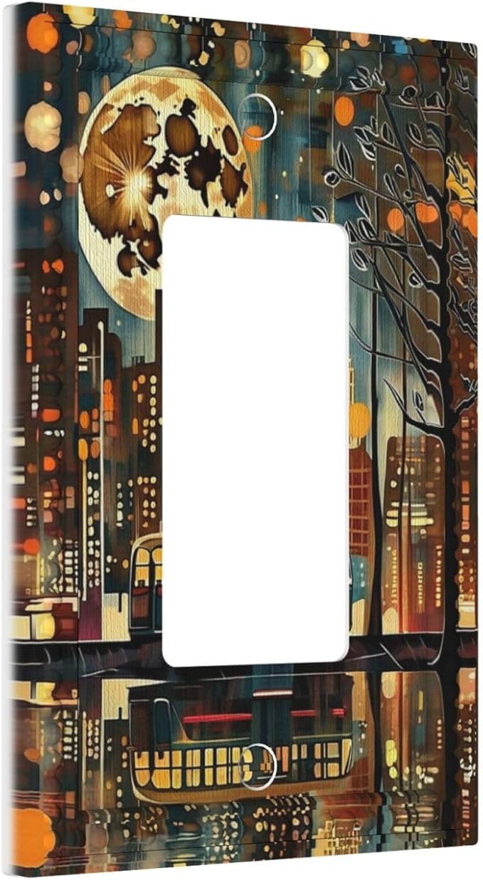 City Light Moon Bus Abstract Art Single Decora Outlet Wall Plate 1 Gang Rocker Decorative Switchplate Faceplate GFCI Light Switch Covers for Home Living Decor