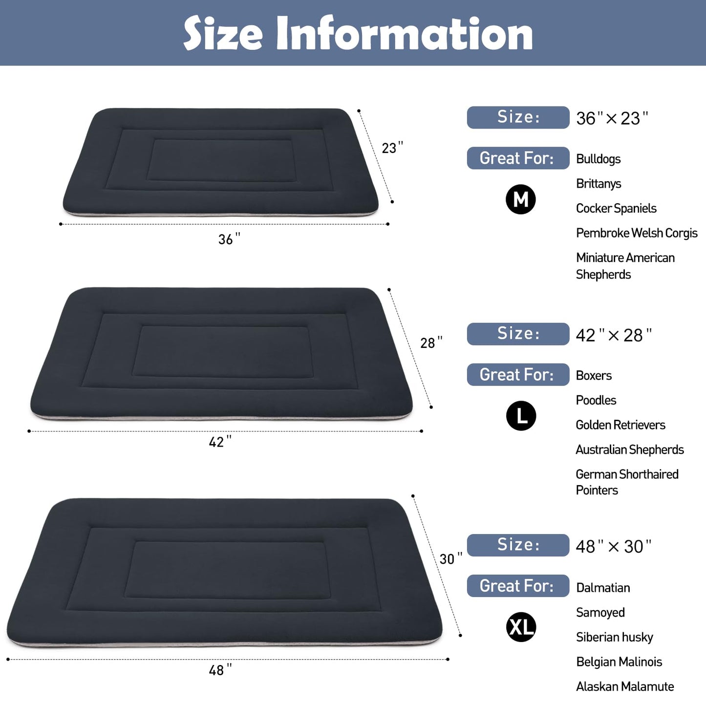 JoicyCo Dog Bed Soft Dog Crate Bed Pad Mat, 42 in Non Slip Bottom Washable Beds for Large Dogs, Pet Bed Mattress Kennel Pad, Dark Blue Gray