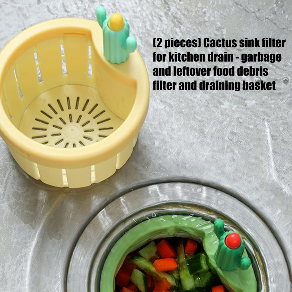 Cactus Kitchen Sink Drain Strainer Press to Dump Basket Waste Collector Fun Sink Accessory for Home Bathroom (YellowGreen-widened gasket-2)