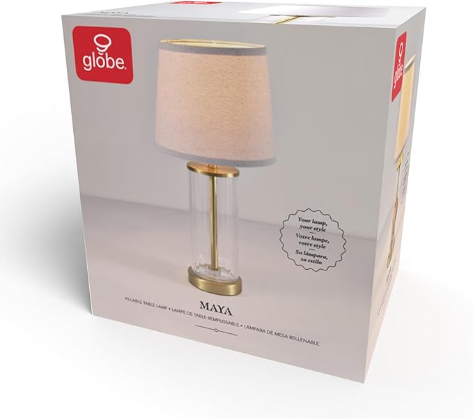 GLOBE Electric 61000063 20" Fillable Ribbed Glass Table Lamp, Matte Brass Accents, Beige Linen Shade, On/Off Rotary Switch on Socket, for Living Room, Bedroom, Office, Home Décor