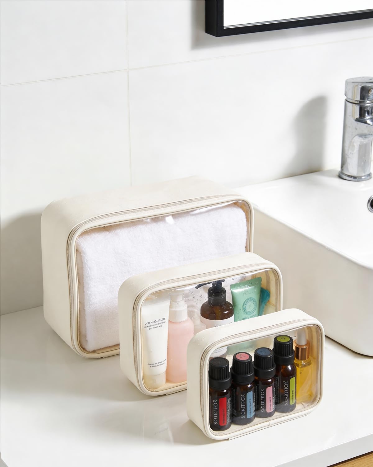 FFpaw Travel Clear Makeup Bag Set for Women, 3 Pack Travel Size Toiletry Bag with Zipper Small Makeup Pouch for Purse Waterproof Portable Cosmetic Case Compact Car Organizer Storage Bag (Beige Set)