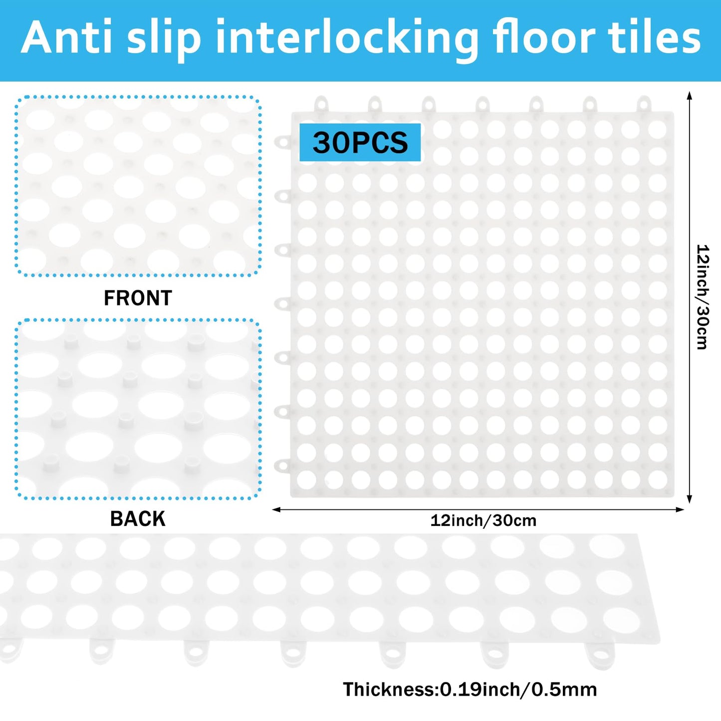 30 Pack 11.8” x 11.8” Interlocking Floor Tiles Bulk White Drainage Pool Flooring Mats Swimming Pool Non Slip Splicing Waterproof Splash Matting Mesh Doormat Modular Interlocking Water Drain 3x10 ft