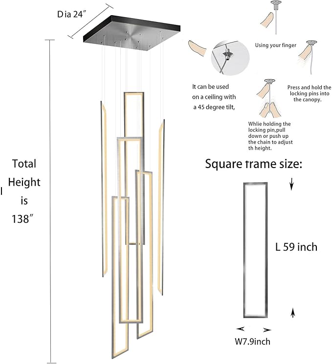Flashing God Large Modern Chandeliers, Silver with 6 Ring Led Foyer High Ceiling Chandelier for Living Room, Rectangle for Entryway Staircase LED Dimming 2700k-6001k