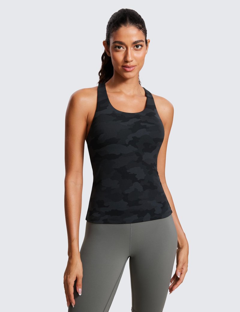 CRZ YOGA Butterluxe Workout Racerback Tank Tops for Women - Padded Athletic Spandex Yoga Shirts with Built in Bra Dark Grey Camouflage 2 X-Large