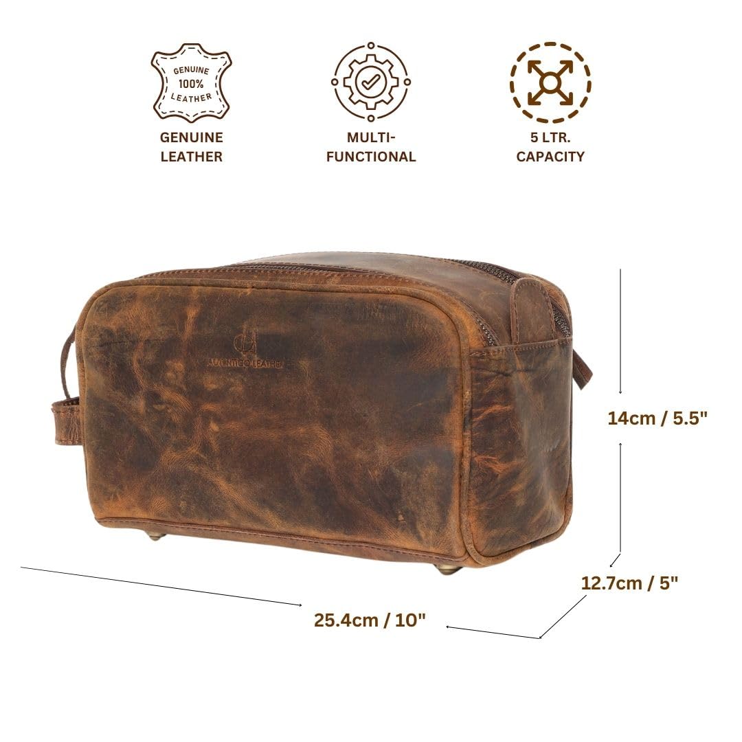 Autentico Leather Toiletry Bag for Men – Genuine Leather Dopp Kit, Travel Organizer for Grooming Essentials, Large Shaving Kit Pouch, Durable Distressed Brown Gift for Men