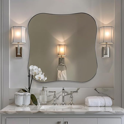 ANDY STAR 30x30 Inch Brushed Nickel Bathroom Mirror,Square Scallope Mirror with Unique Notched Edges Design in 1 Inch Stainless Steel Metal Frame Wall Mounted Mirror for Home Bathroom
