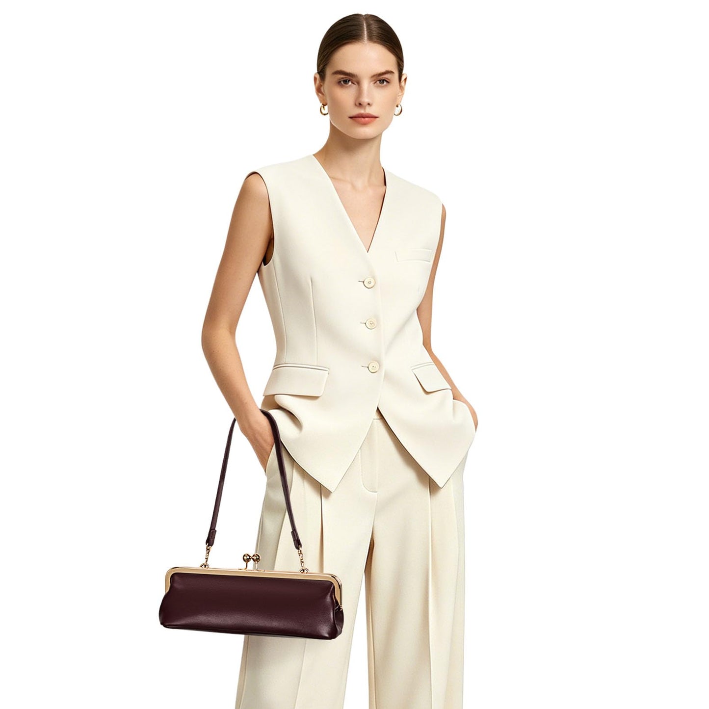 CATSEA Women's Kiss Lock Shoulder Bag, Classic Small PU Purse with Gold Tone Frame, Underarm Bag for Party, Date, Evening (Red)