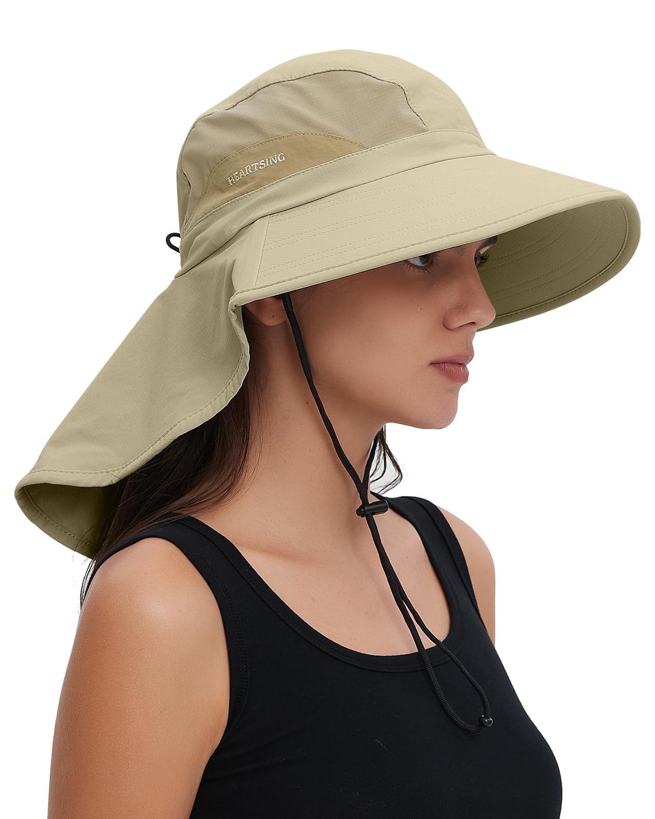HEARTSING Sun Hat Outdoor with Large-Area Neck Flap, UV Protection Quick-Dry Breathable Fishing Hat for Hiking Garden Khaki